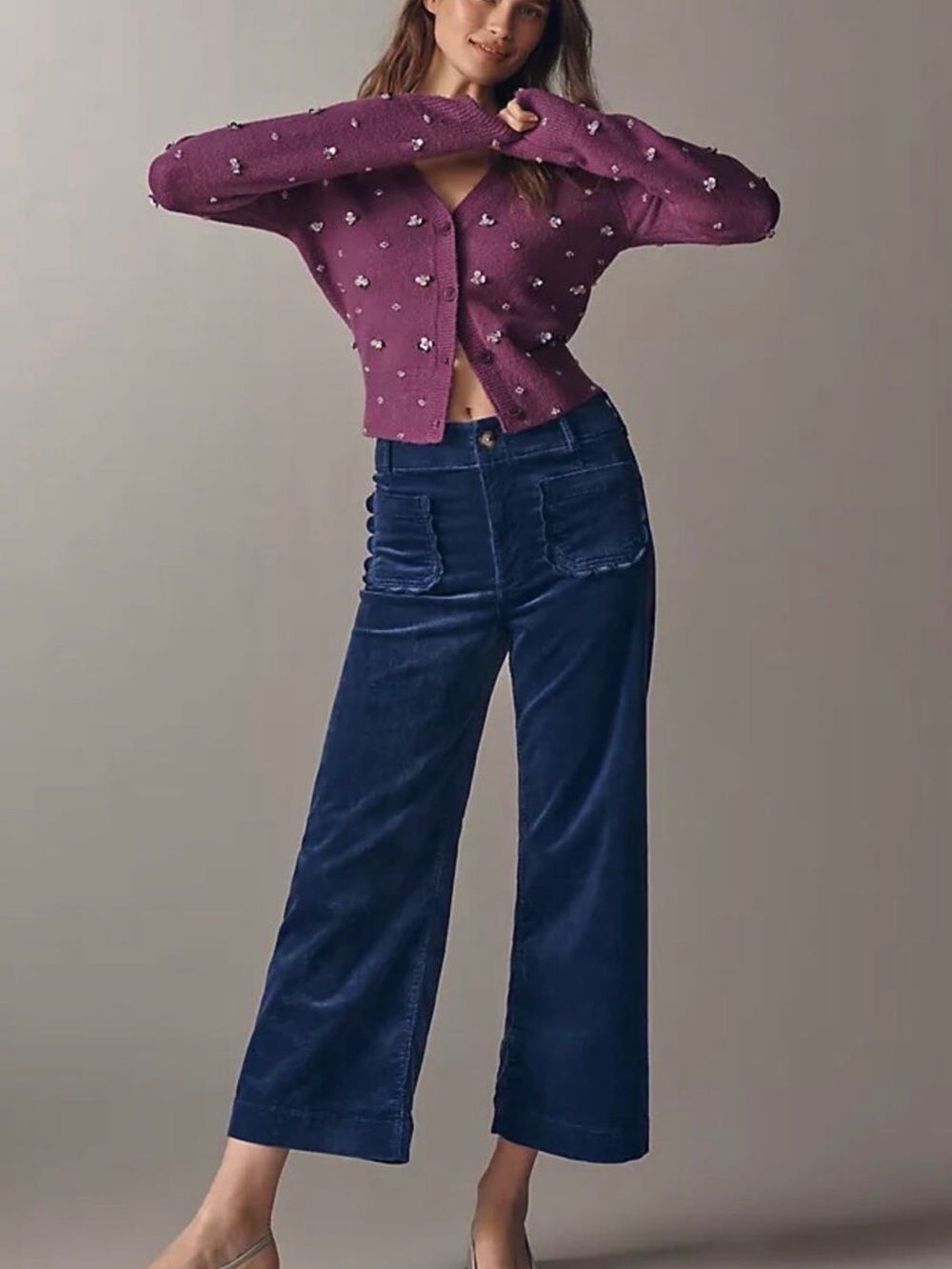 Maeve Colette High-Rise, Wide-Leg, Corduroy, Scalloped Pocket Pants in Navy